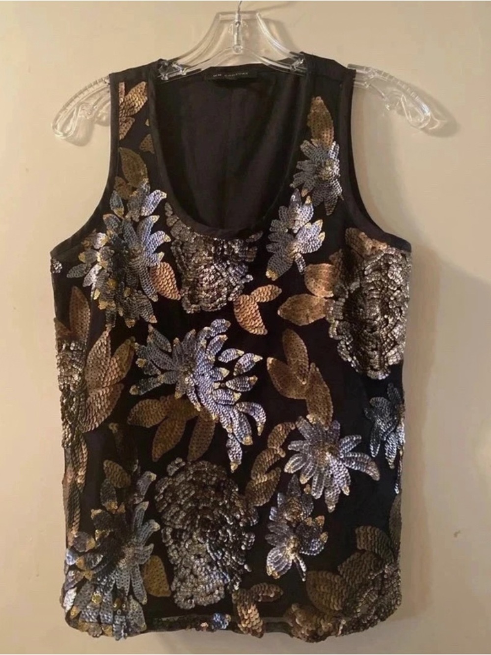 MM Couture Black Tank with Gold & Silver Sequin Floral